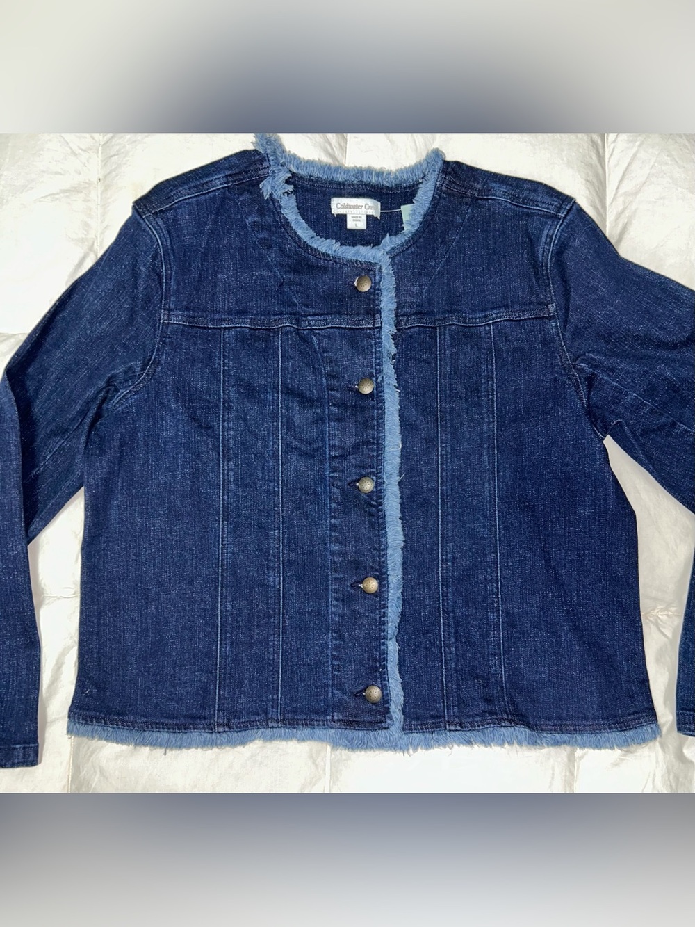 Coldwater Creek denim jacket with frayed edges sz L NWT smoke free home
